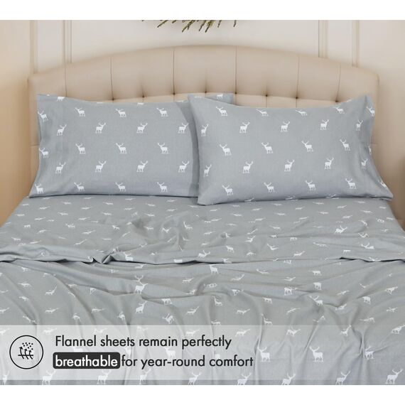 Ruvanti 100% Baumwolle, 4-teiliges Flanell-Bettlaken, Queen-Size, Tiefe Tasche, warm, super weich, atmungsaktiv, feuchtigkeitsableitend, Spannbetttuch, 2 Kissenbezüge – Braunes Hirsch