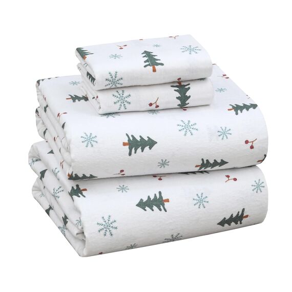 RUVANTI Flanell-Bettlaken-Set, 100% Baumwolle, doppelt gebürstet, Tiefe Taschen, 40,6 cm, für alle Jahreszeiten, atmungsaktiv und extra weich, warm und gemütlich, 4-teilig, Beere und Kiefer