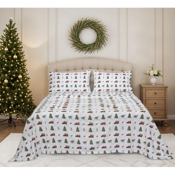 RUVANTI 100% Baumwolle, 4-teiliges Flanell-Bettlaken, Queen-Size, Tiefe Tasche, warm, super weich, atmungsaktiv, feuchtigkeitsableitend, Spannbetttuch, 2 Kissenbezüge – Jingle Bell