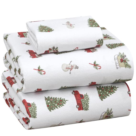 RUVANTI 100% Baumwolle, 4-teiliges Flanell-Bettlaken, Queen-Size, Tiefe Tasche, warm, super weich, atmungsaktiv, feuchtigkeitsableitend, Spannbetttuch, 2 Kissenbezüge – Jingle Bell