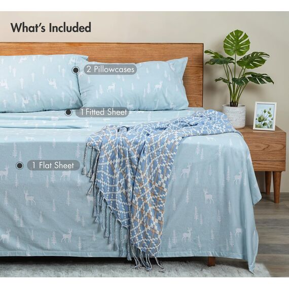 Ruvanti 100% Baumwolle, 4-teiliges Flanell-Bettlaken, Queen-Size-Größe, Tiefe Tasche, warm, super weich, atmungsaktiv, feuchtigkeitsableitend, Queen-Size-Bettlaken, blaublaublaugrün, Blumenmuster