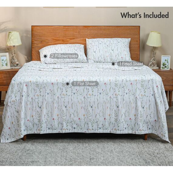 RUVANTI Bettwäsche-Set, 100% Baumwolle, Bio-Flanell, Queensize, Leinenblüten, 4-teilig