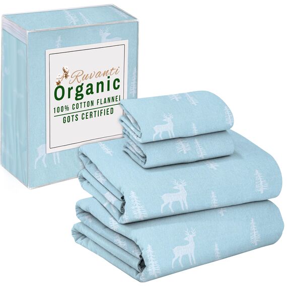 Ruvanti 100% Baumwolle, 4-teiliges Flanell-Bettlaken, Queen-Size-Größe, Tiefe Tasche, warm, super weich, atmungsaktiv, feuchtigkeitsableitend, Queen-Size-Bettlaken, blaublaublaugrün, Blumenmuster
