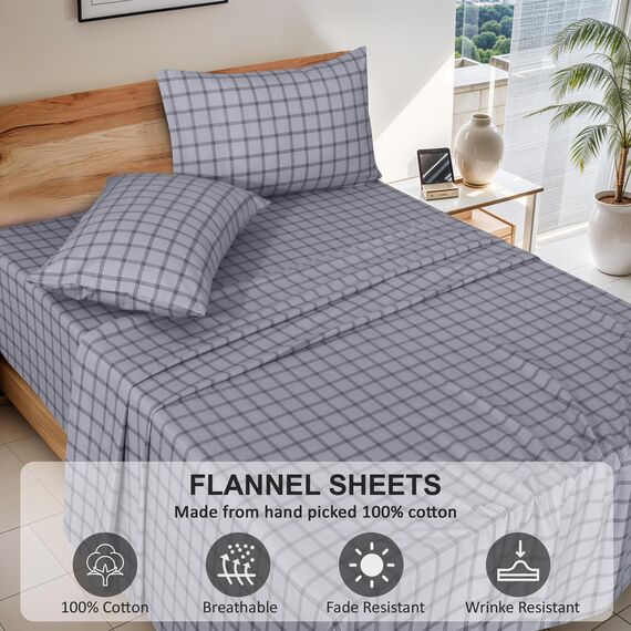 RUVANTI Flanell-Bettwäsche-Set, 100 % Baumwolle, doppelt gebürstet, tiefe Taschen, 40,6 cm, für alle Jahreszeiten, atmungsaktiv und extra weich, warm und gemütlich, 4-teilig, kariert mit offenem