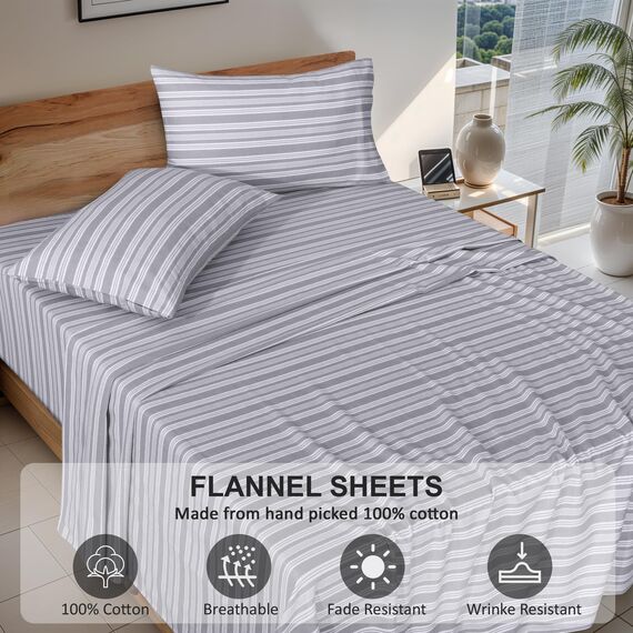 RUVANTI Flanell-Bettwäsche-Set, 100% Baumwolle, doppelt gebürstet, Tiefe Taschen, 40,6 cm, für alle Jahreszeiten, atmungsaktiv und extra weich, warm und gemütlich, 4-teilig, graues Futter
