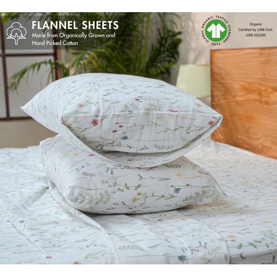 RUVANTI Bettwäsche-Set, 100% Baumwolle, Bio-Flanell, Queensize, Leinenblüten, 4-teilig