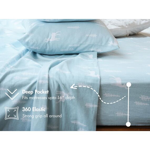 Ruvanti 100% Baumwolle, 4-teiliges Flanell-Bettlaken, Queen-Size-Größe, Tiefe Tasche, warm, super weich, atmungsaktiv, feuchtigkeitsableitend, Queen-Size-Bettlaken, blaublaublaugrün, Blumenmuster