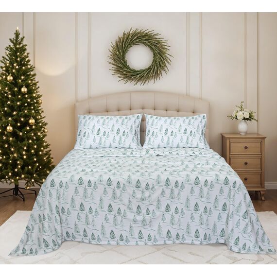 Ruvanti 100% Baumwolle, 4 Stück Flanell-Bettlaken, volle Tiefe Tasche, warm, superweich, atmungsaktiv, feuchtigkeitsableitend, volle Größe, Spannbetttuch, 2 Kissenbezüge – Green Mountain Peak