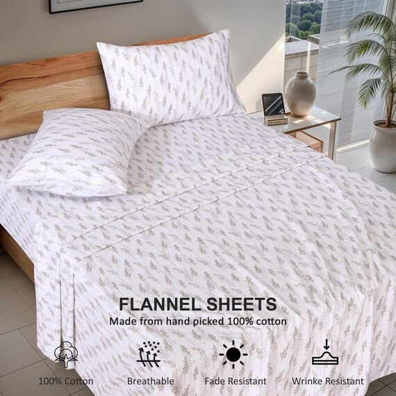 RUVANTI Flanell-Bettlaken-Set, 100 % Baumwolle, doppelt gebürstet, tiefe Taschen, 40,6 cm, für alle Jahreszeiten, atmungsaktiv und extra weich, warm und gemütlich, 4-teilig, getrocknetes Stroh