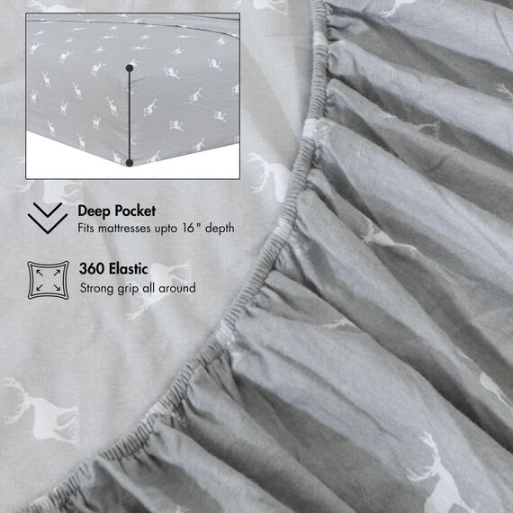 Ruvanti 100% Baumwolle, 4-teiliges Flanell-Bettlaken, Queen-Size, Tiefe Tasche, warm, super weich, atmungsaktiv, feuchtigkeitsableitend, Spannbetttuch, 2 Kissenbezüge – Braunes Hirsch