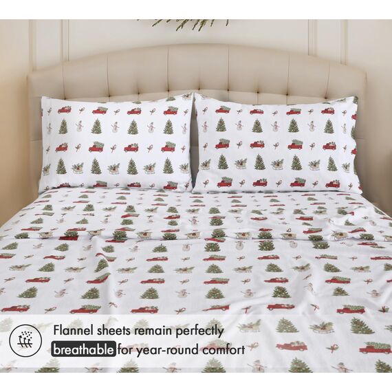 RUVANTI 100% Baumwolle, 4-teiliges Flanell-Bettlaken, Queen-Size, Tiefe Tasche, warm, super weich, atmungsaktiv, feuchtigkeitsableitend, Spannbetttuch, 2 Kissenbezüge – Jingle Bell