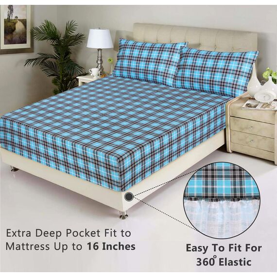 RUVANTI 100% Baumwolle, 4-teiliges Flanell-Bettlaken, Queen-Size, Tiefe Tasche, warm, super weich, atmungsaktiv, feuchtigkeitsableitend, Spannbetttuch, 2 Kissenbezüge – blaugrün kariert
