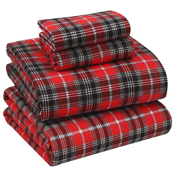 Ruvanti 4-teiliges Flanell-Bettwäsche-Set für Queen-Size-Betten, 100% Baumwolle, mit tiefen Taschen, warm, inklusive Bettlaken, Spannbetttuch und 2 Kissenbezügen (Kariertes Weihnachtsmotiv)