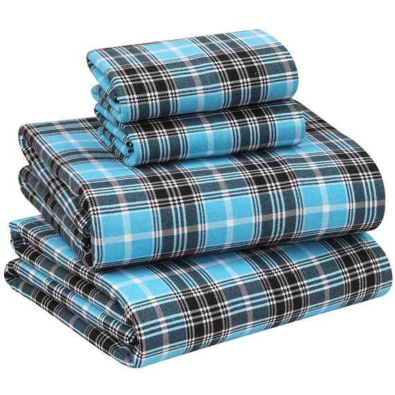 RUVANTI 100% Baumwolle, 4-teiliges Flanell-Bettlaken, Queen-Size, Tiefe Tasche, warm, super weich, atmungsaktiv, feuchtigkeitsableitend, Spannbetttuch, 2 Kissenbezüge – blaugrün kariert