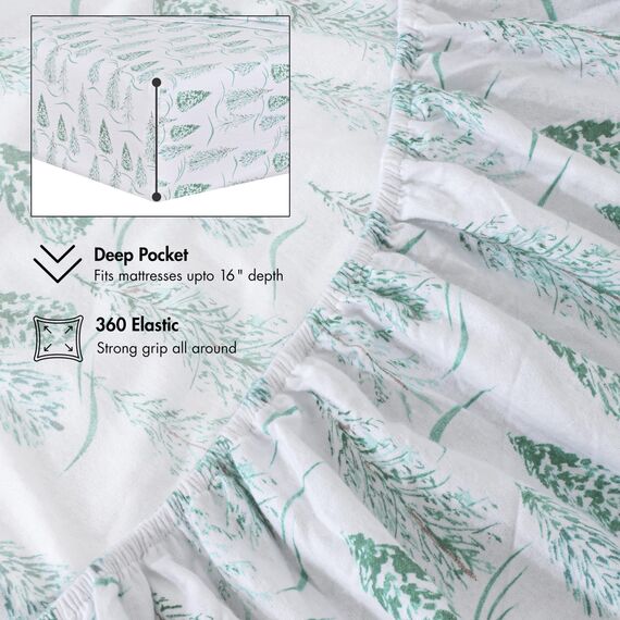 Ruvanti 100% Baumwolle, 4 Stück Flanell-Bettlaken, volle Tiefe Tasche, warm, superweich, atmungsaktiv, feuchtigkeitsableitend, volle Größe, Spannbetttuch, 2 Kissenbezüge – Green Mountain Peak