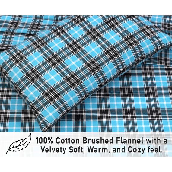 RUVANTI 100% Baumwolle, 4-teiliges Flanell-Bettlaken, Queen-Size, Tiefe Tasche, warm, super weich, atmungsaktiv, feuchtigkeitsableitend, Spannbetttuch, 2 Kissenbezüge – blaugrün kariert