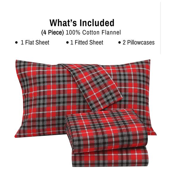 Ruvanti 4-teiliges Flanell-Bettwäsche-Set für Queen-Size-Betten, 100% Baumwolle, mit tiefen Taschen, warm, inklusive Bettlaken, Spannbetttuch und 2 Kissenbezügen (Kariertes Weihnachtsmotiv)