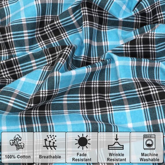 RUVANTI 100% Baumwolle, 4-teiliges Flanell-Bettlaken, Queen-Size, Tiefe Tasche, warm, super weich, atmungsaktiv, feuchtigkeitsableitend, Spannbetttuch, 2 Kissenbezüge – blaugrün kariert