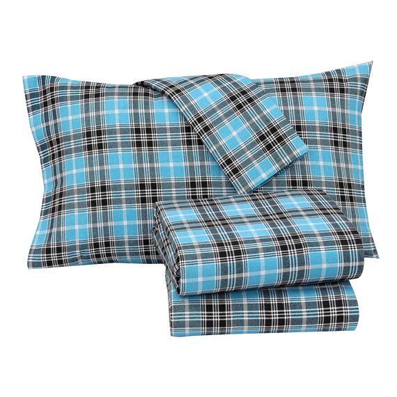 RUVANTI 100% Baumwolle, 4-teiliges Flanell-Bettlaken, Queen-Size, Tiefe Tasche, warm, super weich, atmungsaktiv, feuchtigkeitsableitend, Spannbetttuch, 2 Kissenbezüge – blaugrün kariert