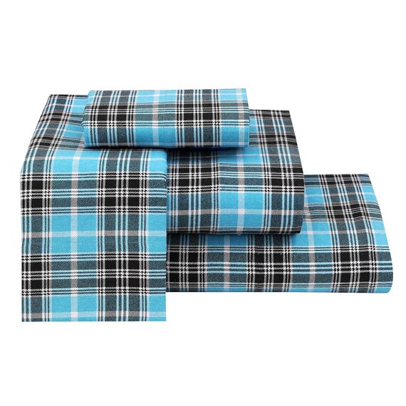 RUVANTI 100% Baumwolle, 4-teiliges Flanell-Bettlaken, Queen-Size, Tiefe Tasche, warm, super weich, atmungsaktiv, feuchtigkeitsableitend, Spannbetttuch, 2 Kissenbezüge – blaugrün kariert