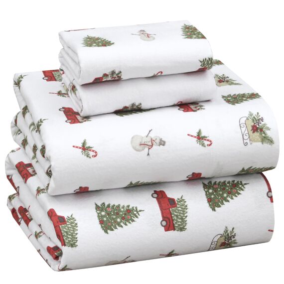 RUVANTI 100% Baumwolle, 4-teiliges Flanell-Bettlaken, volle Tasche, warm, super weich, atmungsaktiv, feuchtigkeitsableitend, volle Größe, Spannbetttuch, 2 Kissenbezüge – Jingle Bell