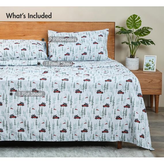 RUVANTI 100% Baumwolle, 4-teiliges Flanell-Bettlaken für King-Size-Bett, Tiefe Tasche, warm, super weich, atmungsaktiv, inklusive Bettlaken, 2 Kissenbezüge – nostalgischer Winter