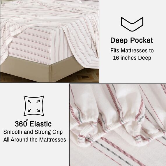RUVANTI Flanell-Bettwäsche-Set, 100 % Baumwolle, doppelt gebürstet, tiefe Taschen, 40,6 cm, für alle Jahreszeiten, atmungsaktiv und extra weich, warm und gemütlich, 4-teilig, Twill-Streifen
