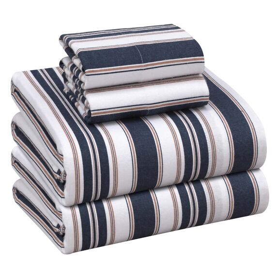 RUVANTI Flanell-Bettlaken-Set, 100% Baumwolle, doppelt gebürstet, Tiefe Taschen, 40,6 cm, für alle Jahreszeiten, atmungsaktiv und extra weich, warm und gemütlich, 4-teilig, Maritime Streifen