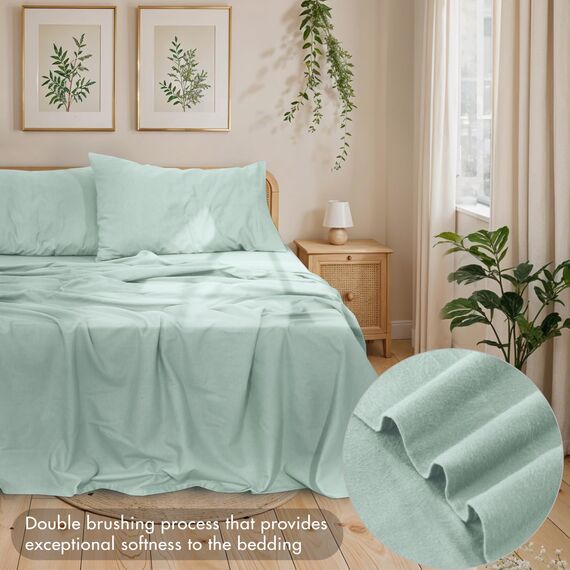 Ruvanti 4-teiliges Flanell-Bettwäsche-Set, 100% Baumwolle, grün, King-Size-Bettlaken, Tiefe Taschen, für alle Jahreszeiten, warm, Set enthält Flachbett, Spannbetttuch und 2 Kissenbezüge.