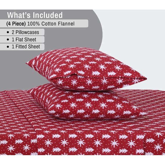 RUVANTI Flanell-Bettlaken-Set, 100% Baumwolle, doppelt gebürstet, Tiefe Taschen, 40,6 cm, für alle Jahreszeiten, atmungsaktiv und extra weich, warm und gemütlich, 4-teilig, Rot Weihnachten