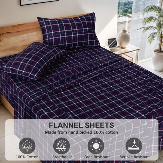 RUVANTI Flanell-Bettlaken-Set, 100 % Baumwolle, doppelt gebürstet, tiefe Taschen, 40,6 cm, für alle Jahreszeiten, atmungsaktiv und extra weich, warm und gemütlich, 4-teilig, Farbe: Yankees Blue