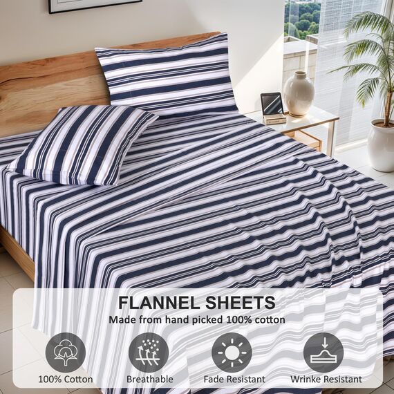 RUVANTI Flanell-Bettlaken-Set, 100% Baumwolle, doppelt gebürstet, Tiefe Taschen, 40,6 cm, für alle Jahreszeiten, atmungsaktiv und extra weich, warm und gemütlich, 4-teilig, Maritime Streifen