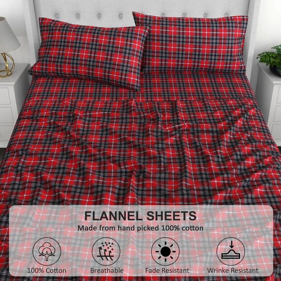 Ruvanti 4-teiliges Flanell-Bettwäsche-Set aus 100% Baumwolle, mit tiefen Taschen, warm, superweich, Flanell-Bettlaken-Set mit Bettlaken, Spannbetttuch und 2 Kissenbezügen (Kariertes Weihnachtsmotiv)