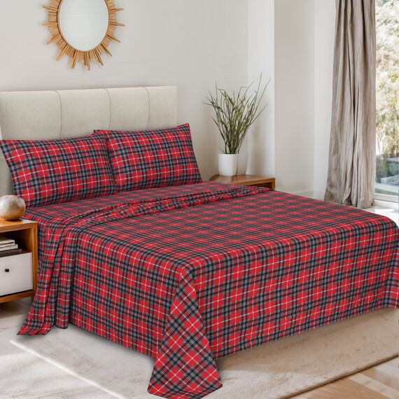 Ruvanti 4-teiliges Flanell-Bettwäsche-Set aus 100% Baumwolle, mit tiefen Taschen, warm, superweich, Flanell-Bettlaken-Set mit Bettlaken, Spannbetttuch und 2 Kissenbezügen (Kariertes Weihnachtsmotiv)