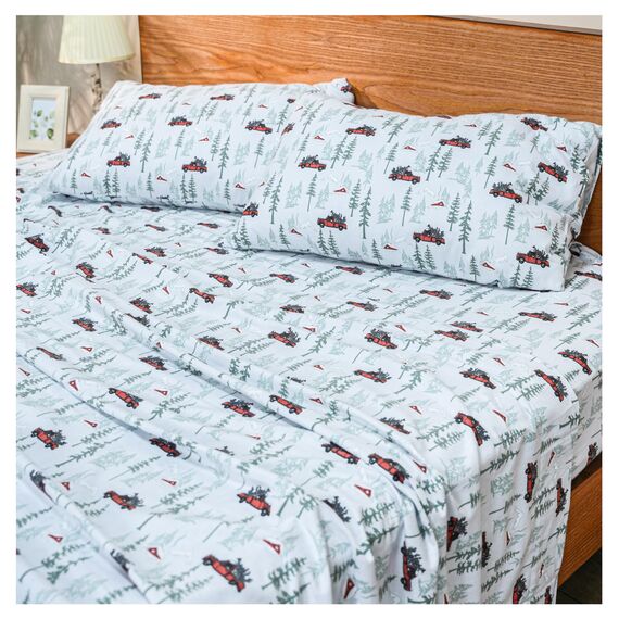 RUVANTI 100% Baumwolle, 4-teiliges Flanell-Bettlaken für King-Size-Bett, Tiefe Tasche, warm, super weich, atmungsaktiv, inklusive Bettlaken, 2 Kissenbezüge – nostalgischer Winter