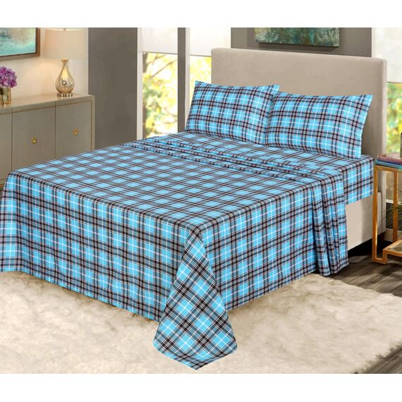 RUVANTI 100 % Baumwolle, 4-teiliges Flanell-Bettlaken für King-Size-Bett, tiefe Tasche, warm, super weich, atmungsaktiv, feuchtigkeitsableitend, Spannbetttuch, 2 Kissenbezüge – blaugrün kariert