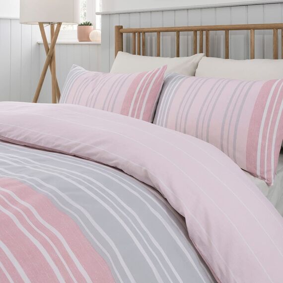 Sleepdown Bettwäsche-Set, Bettdeckenbezug und Kissenbezug, gestreift, gestreift, Hellrosa, Grau, Super-King-Size-Bett (Super-King-Size)
