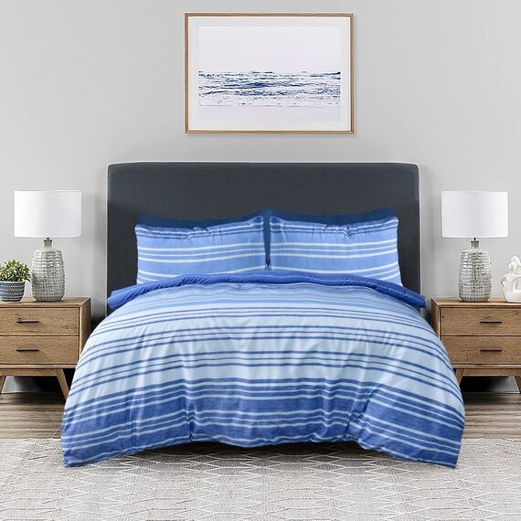 Sleepdown Strukturierte Streifen Marineblau Weiß Weich Pflegeleicht Gemütlich Wende Bettbezug Bettwäsche Set mit Kissenbezügen - Super King (260 cm x 220 cm), 5056242890065