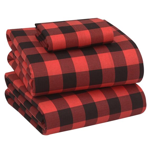 RUVANTI Bettlaken-Set aus 100 % Baumwollflanell, kariert, Rot / Schwarz