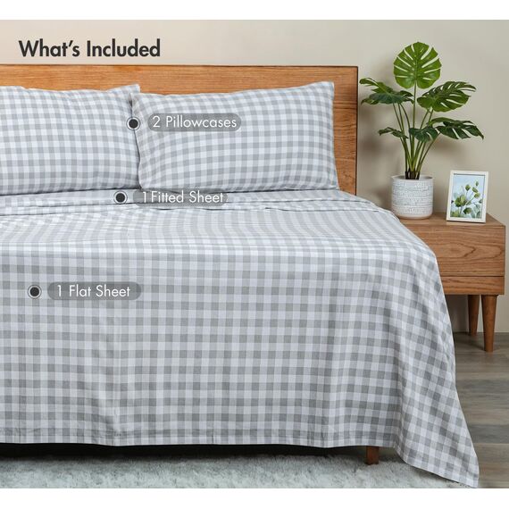 Ruvanti 4-teiliges Flanell-Bettwäsche-Set Queen Balance Karomuster Grau Tiefe Taschenwärmer Super weich – atmungsaktiv Feuchtigkeitstransport Flanell-Bettlaken-Set Queen-Size-Bett mit Bettlaken