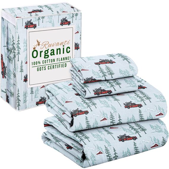 Ruvanti 100 % Baumwolle, 4-teiliges Flanell-Bettlaken, volle tiefe Tasche, warm, super weich, atmungsaktiv, feuchtigkeitsableitend, volle Größe, Spannbetttuch, 2 Kissenbezüge – nostalgischer Winter