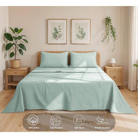 RUVANTI Bettlaken aus 100 % Baumwoll-Flanell für Doppelbett, 3-teilig, warm, weich und atmungsaktiv, tiefe Taschen, doppelt gebürstet, gemütlich, für alle Jahreszeiten, Minzgrün