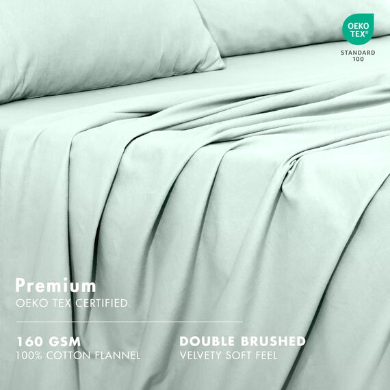 RUVANTI Bettlaken aus 100 % Baumwoll-Flanell für Doppelbett, 3-teilig, warm, weich und atmungsaktiv, tiefe Taschen, doppelt gebürstet, gemütlich, für alle Jahreszeiten, Minzgrün