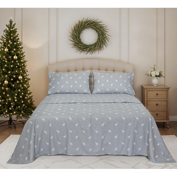 Ruvanti 100% Baumwolle, 3-teiliges Flanell-Bettlaken-Set, Doppelbett, Tiefe Tasche, warm, super weich, atmungsaktiv, feuchtigkeitsableitend, Spannbetttuch, 1 Kissenbezug – Braunes Hirsch