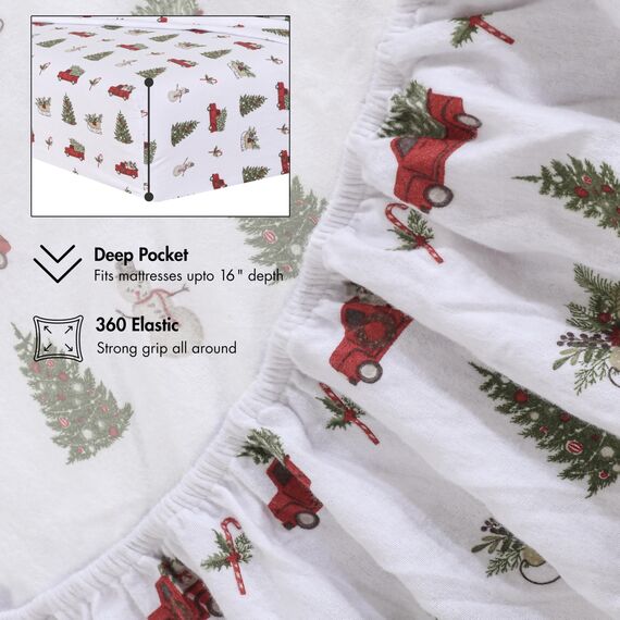 RUVANTI 100 % Baumwolle, 3-teiliges Flanell-Bettlaken-Set, Doppelbett, tiefe Tasche, warm, super weich, atmungsaktiv, feuchtigkeitsableitend, Spannbetttuch, 1 Kissenbezug – Jingle Bell