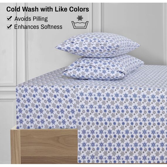 RUVANTI 100% Cotton 3 Pcs Flannel Sheets Twin Snow Flake Print - Deep Pocket, Warm, Super Soft & Breathable Twin Size Flannel Kids Bedding Sheets Set Include Flat Sheet, Fitted Sheet &1 Pillow Case