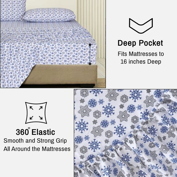 RUVANTI 100% Cotton 3 Pcs Flannel Sheets Twin Snow Flake Print - Deep Pocket, Warm, Super Soft & Breathable Twin Size Flannel Kids Bedding Sheets Set Include Flat Sheet, Fitted Sheet &1 Pillow Case