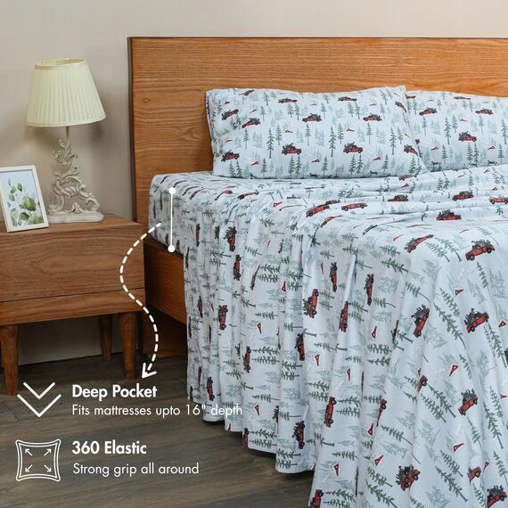 RUVANTI 100% Baumwolle, 4-teiliges Flanell-Bettlaken, Queen-Size, Tiefe Tasche, warm, super weich, atmungsaktiv, feuchtigkeitsableitend, Spannbetttuch, 2 Kissenbezüge – nostalgischer Winter