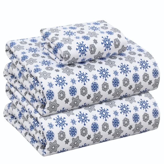 RUVANTI 100% Cotton 3 Pcs Flannel Sheets Twin Snow Flake Print - Deep Pocket, Warm, Super Soft & Breathable Twin Size Flannel Kids Bedding Sheets Set Include Flat Sheet, Fitted Sheet &1 Pillow Case