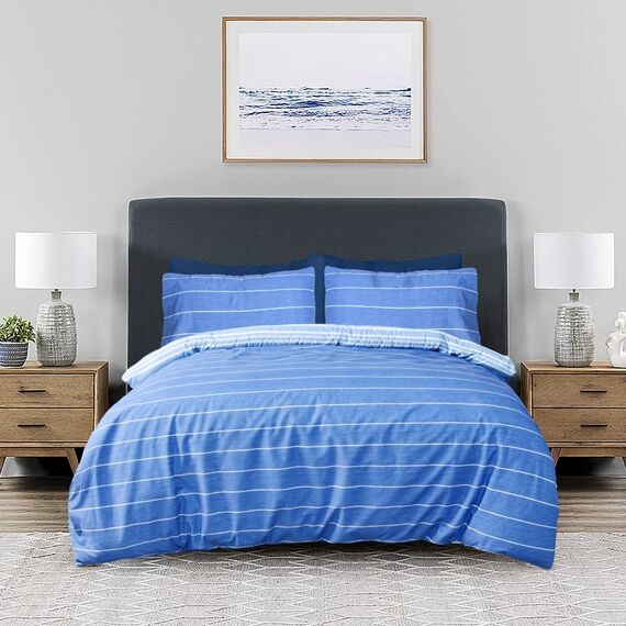 Sleepdown Bettwäsche-Set mit Kissenbezug, strukturiert, gestreift, Marineblau, Weiß, weich, pflegeleicht, gemütlich, wendbar, Bettwäsche-Set mit Kissenbezug – Einzelbett (135 x 200 cm), 5056242890034